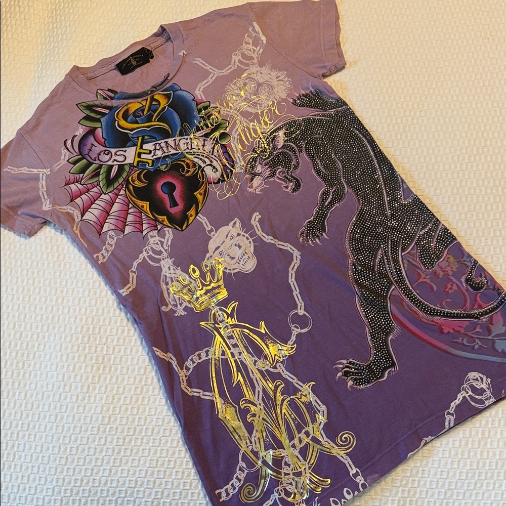 Y2K Christian Audigier Rhinestone Graphic Shirt - Purple - Picture 3 of 11